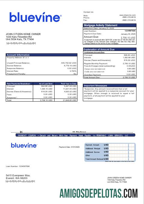 Extrato de hipoteca do USA Bluevine Bank em formatos Word e PDF modelo